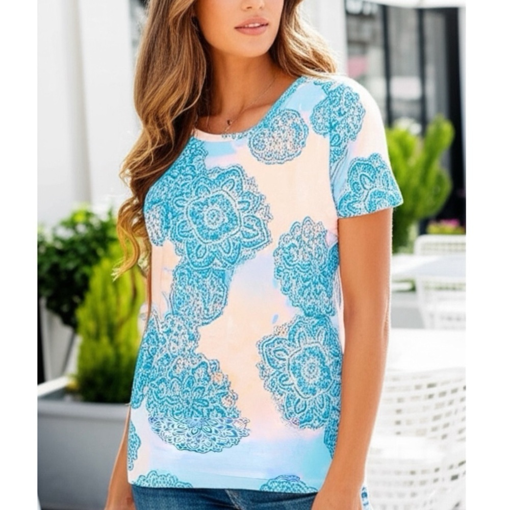 CHICOS Zenergy Tie-Dye Medallion-Print Tee T Shirt Blue Orange Blouse